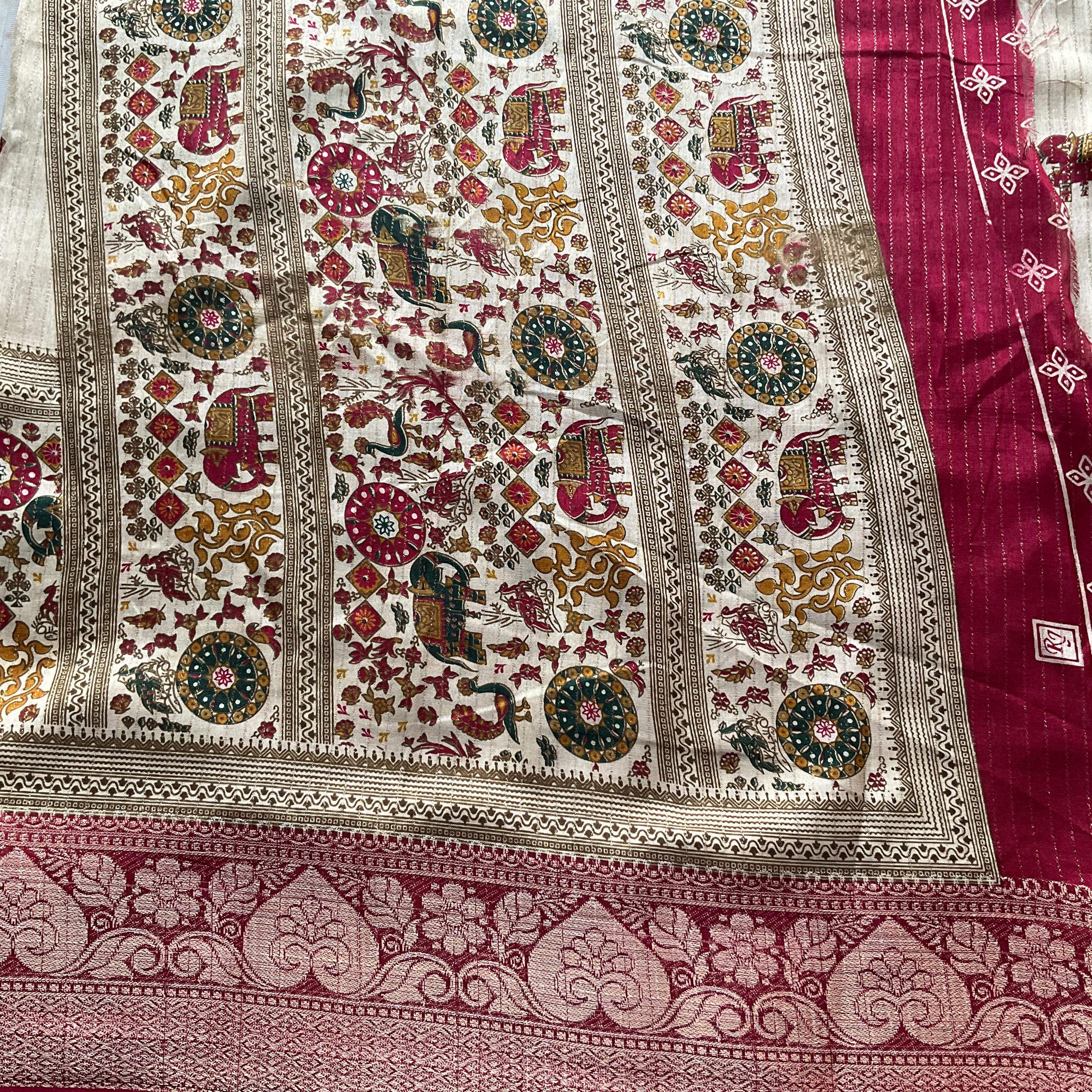 Banarasi Zari Striped Saree with Kalamkari Border & Matching Butta Blouse - Image 3
