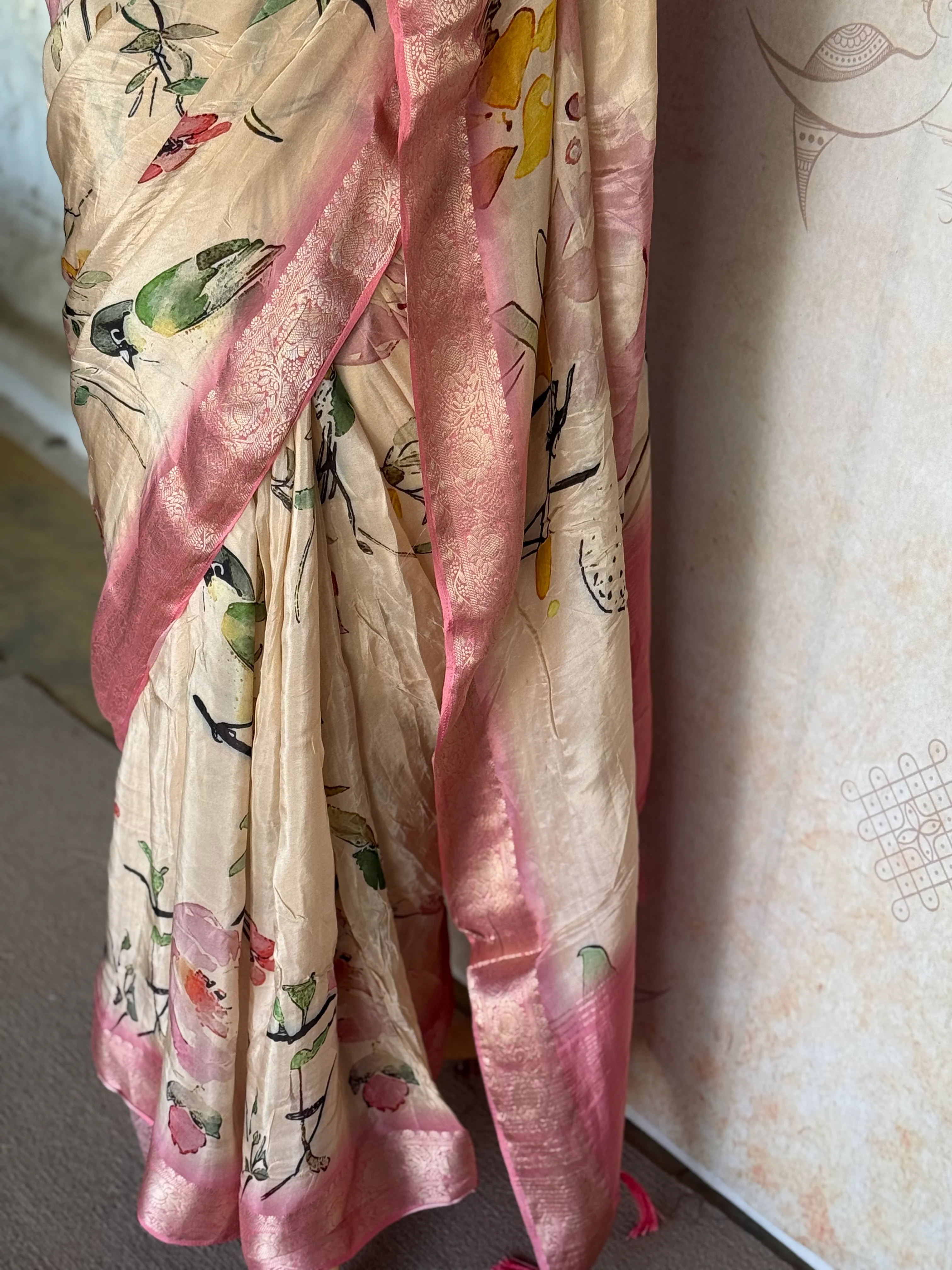 Satin Modal Floral Digital Print Saree with Pink Zari Border - Image 4