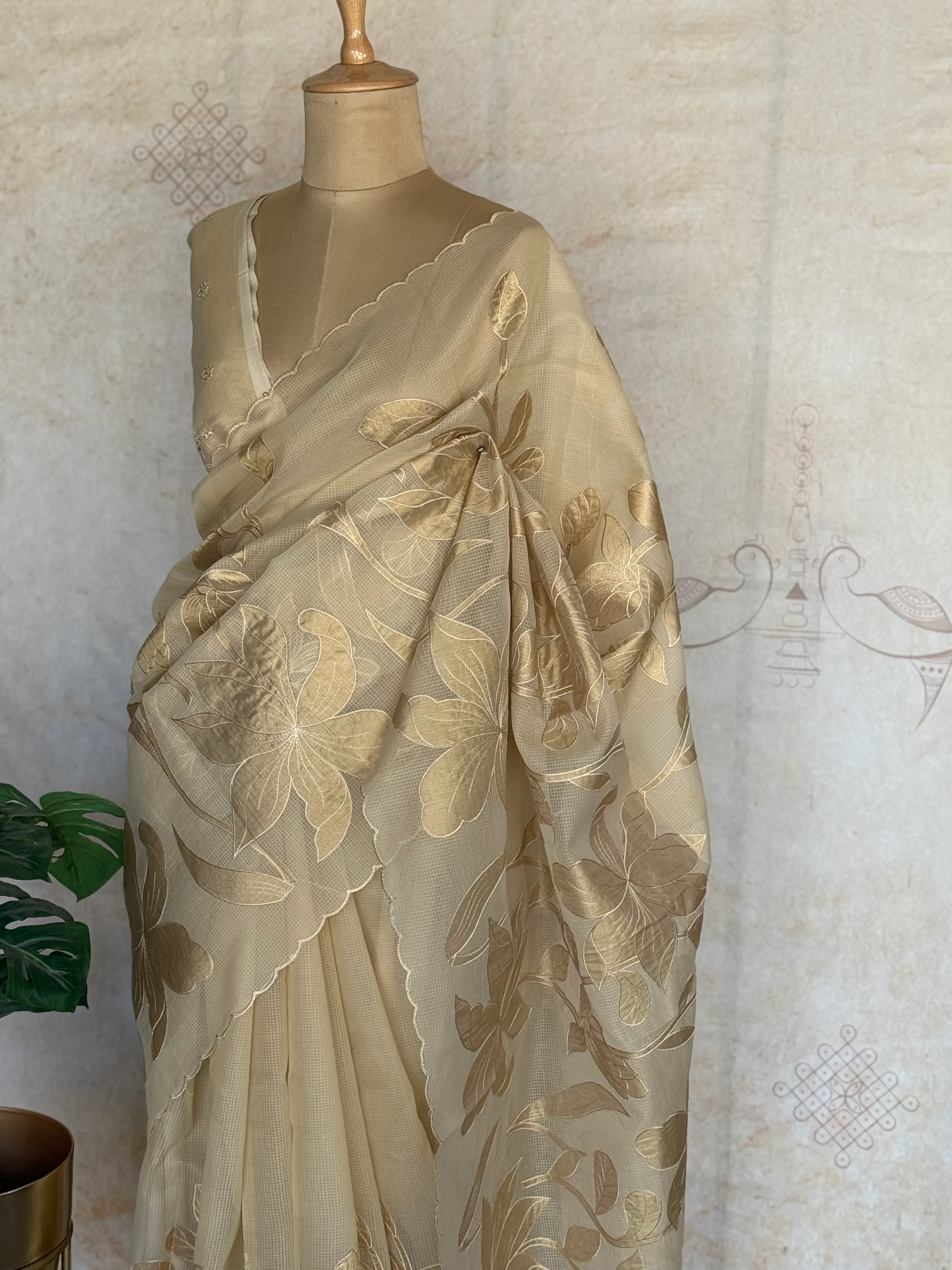 Kota silk Saree with Gold Floral Appliqué Border | Handcrafted Appliqué Work Saree - Image 2