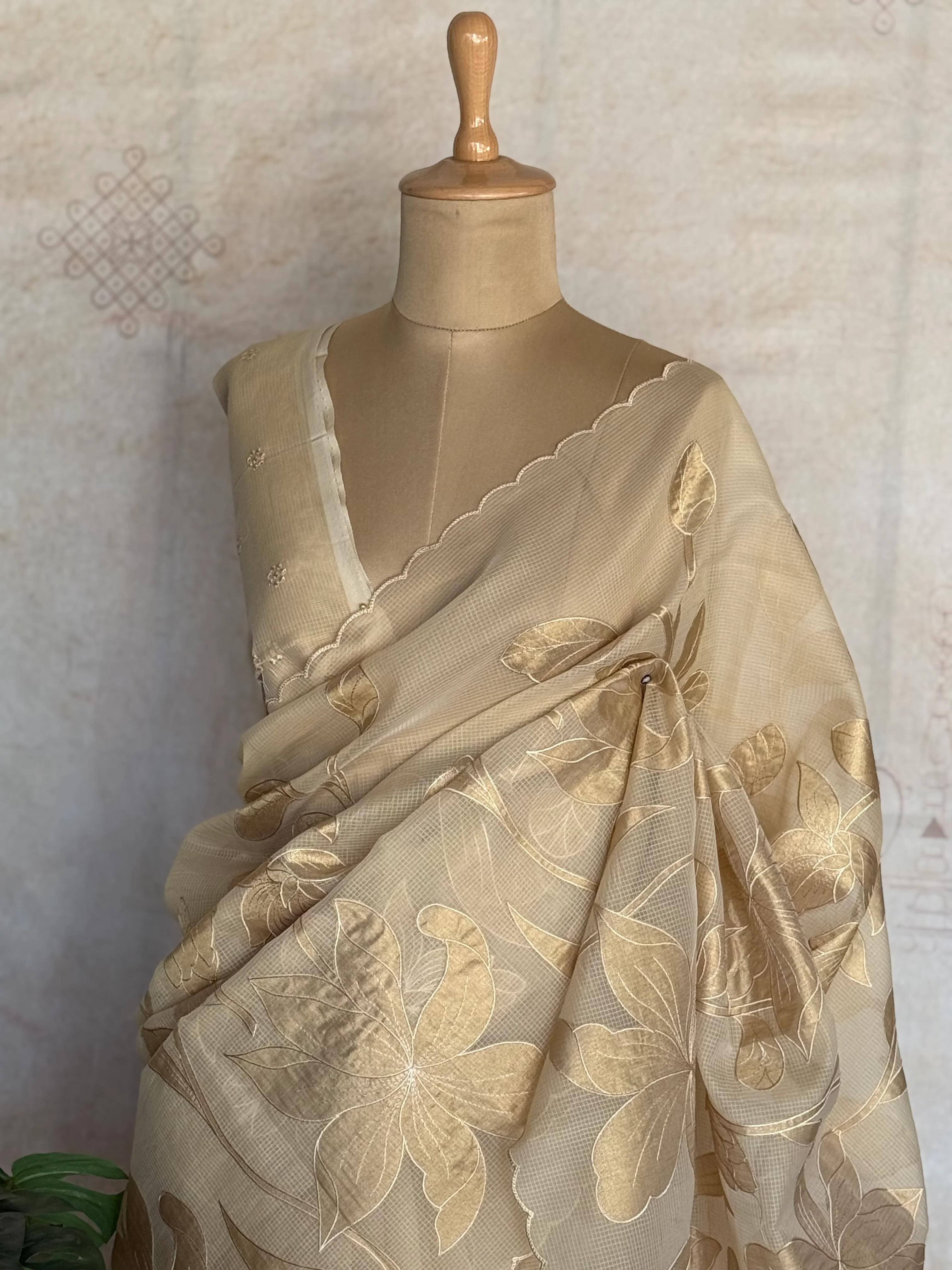 Kota silk Saree with Gold Floral Appliqué Border | Handcrafted Appliqué Work Saree - Image 7
