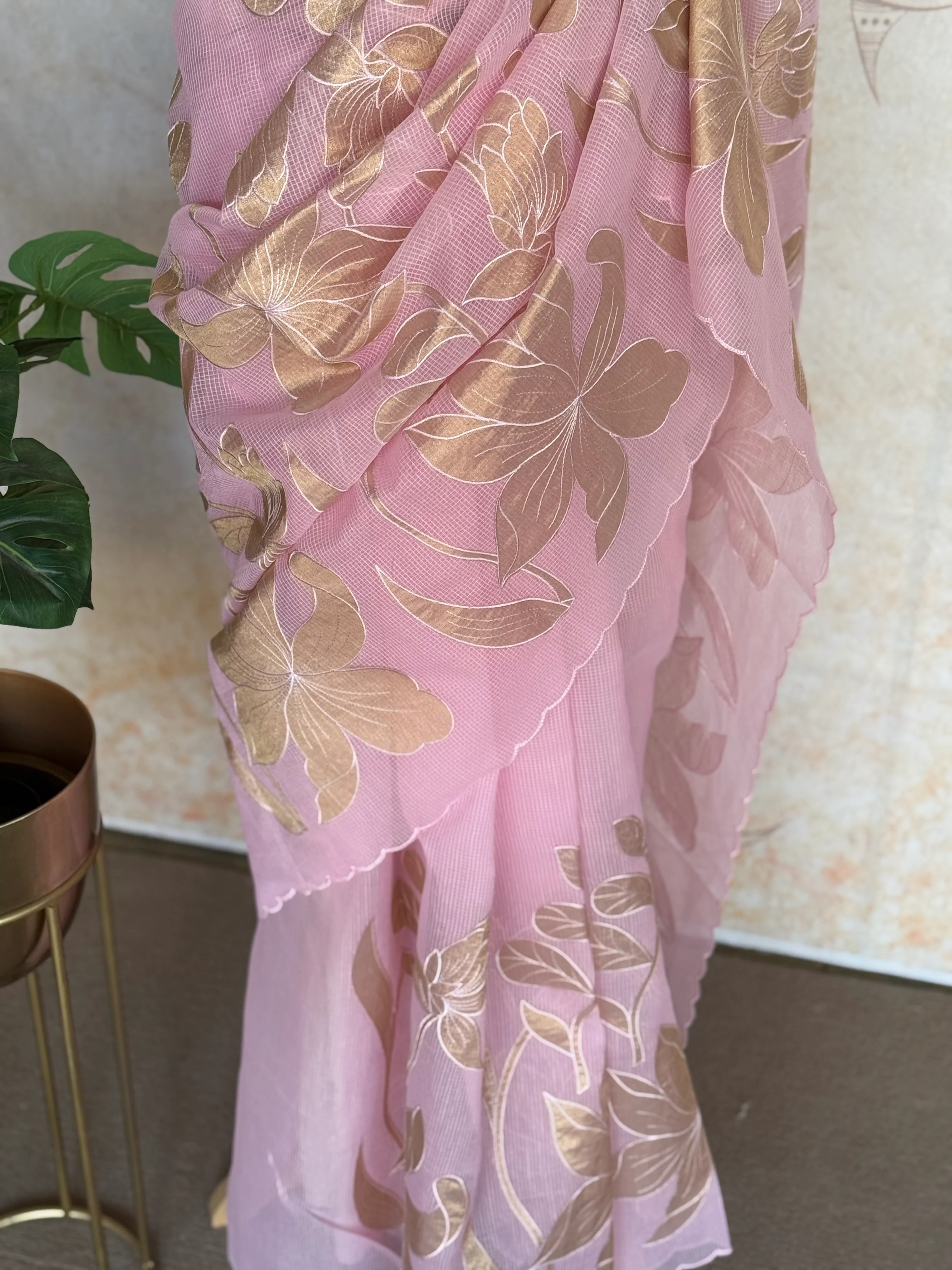 Kota silk Saree with Gold Floral Appliqué Border | Handcrafted Appliqué Work Saree - Image 2
