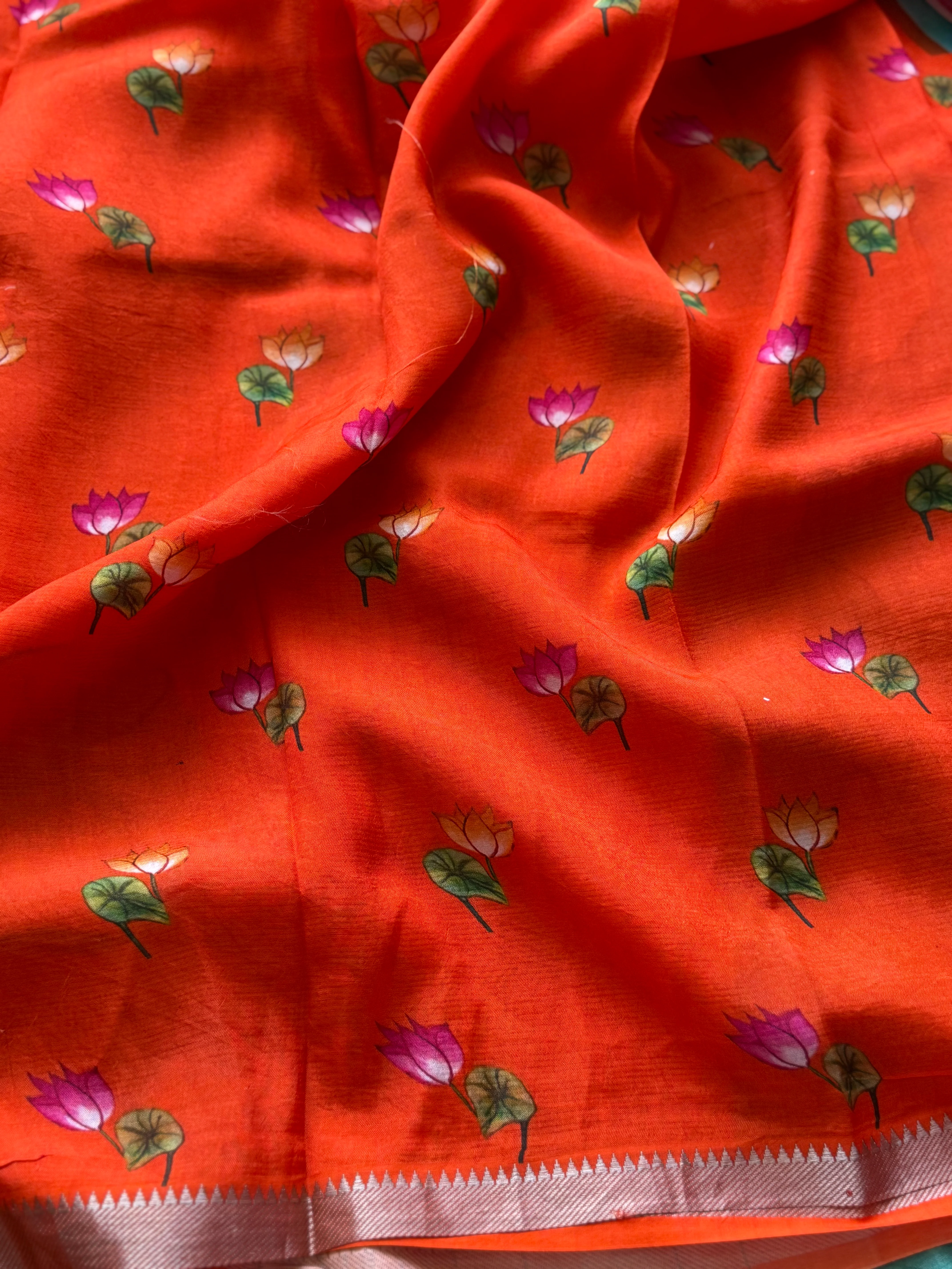 Mangalgiri Digital Printed Saree with Floral Print & Silver Zari Border | Studio Virupa - Image 4