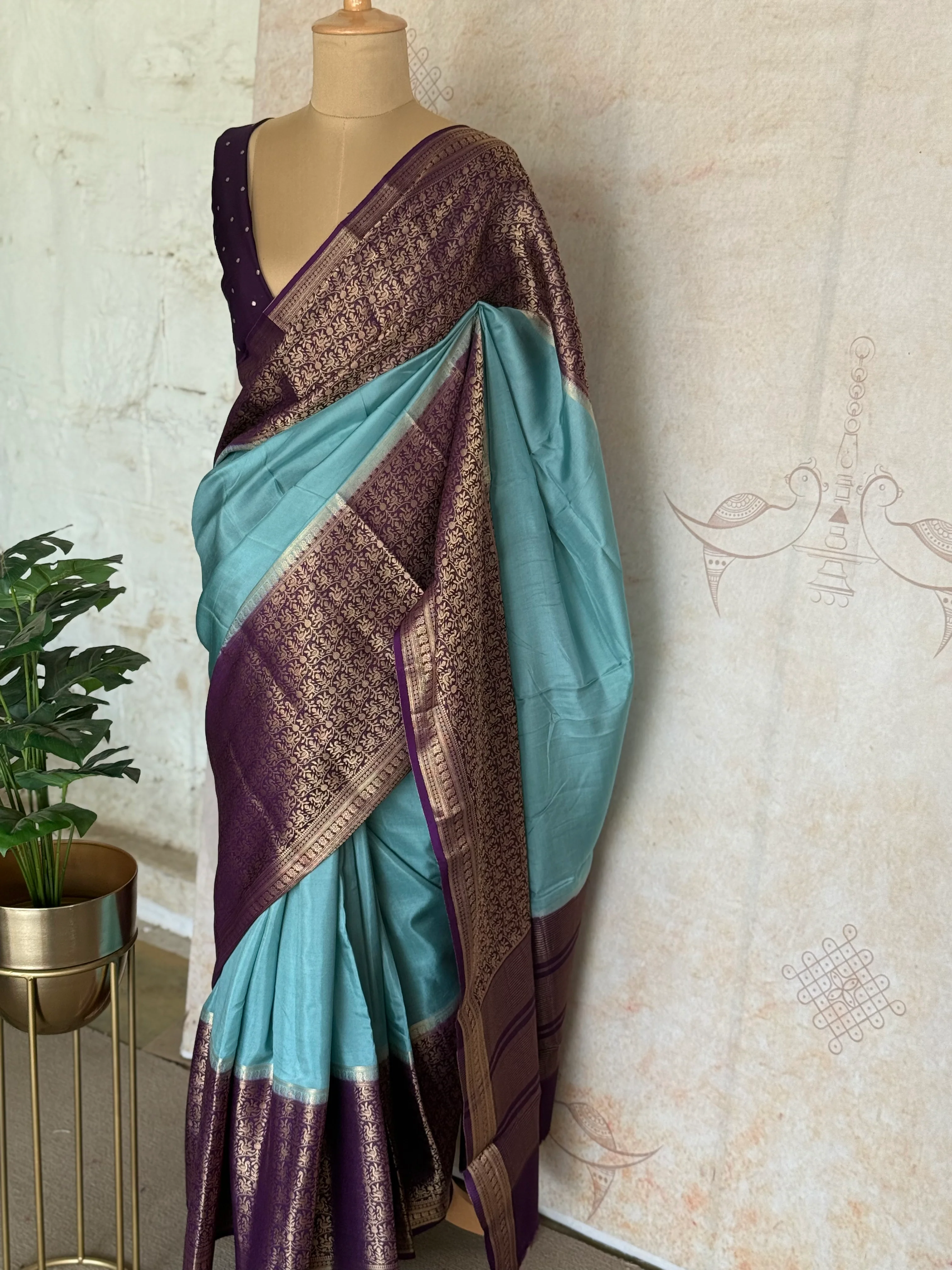 Mysore Crepe Silk Saree in Aqua Blue with Royal Purple Zari Brocade - Image 3