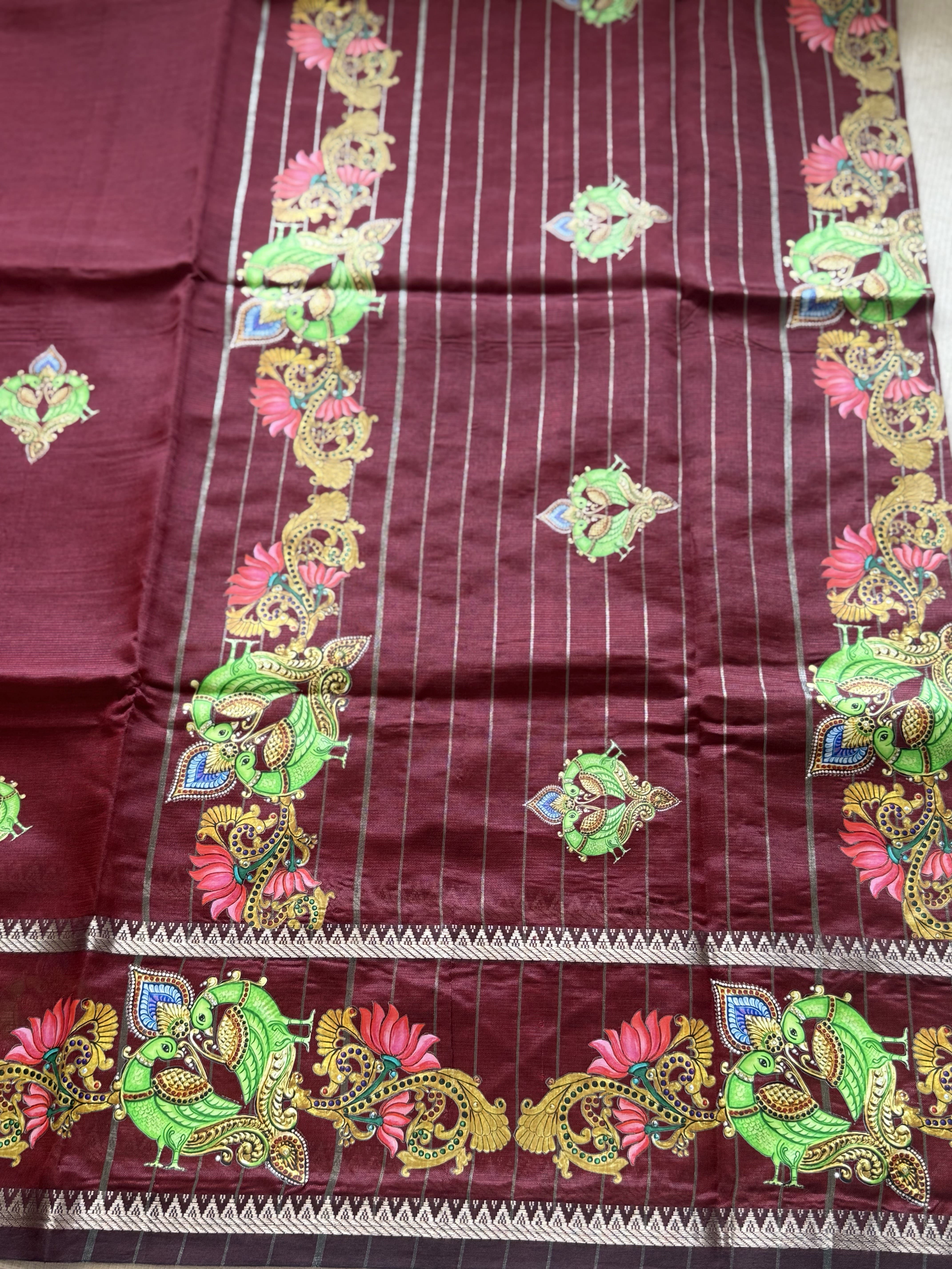 Narthaki - Mangalagiri Semi Silk Tanjore Handpainted Saree with Silver Temple Zari Border - Image 4