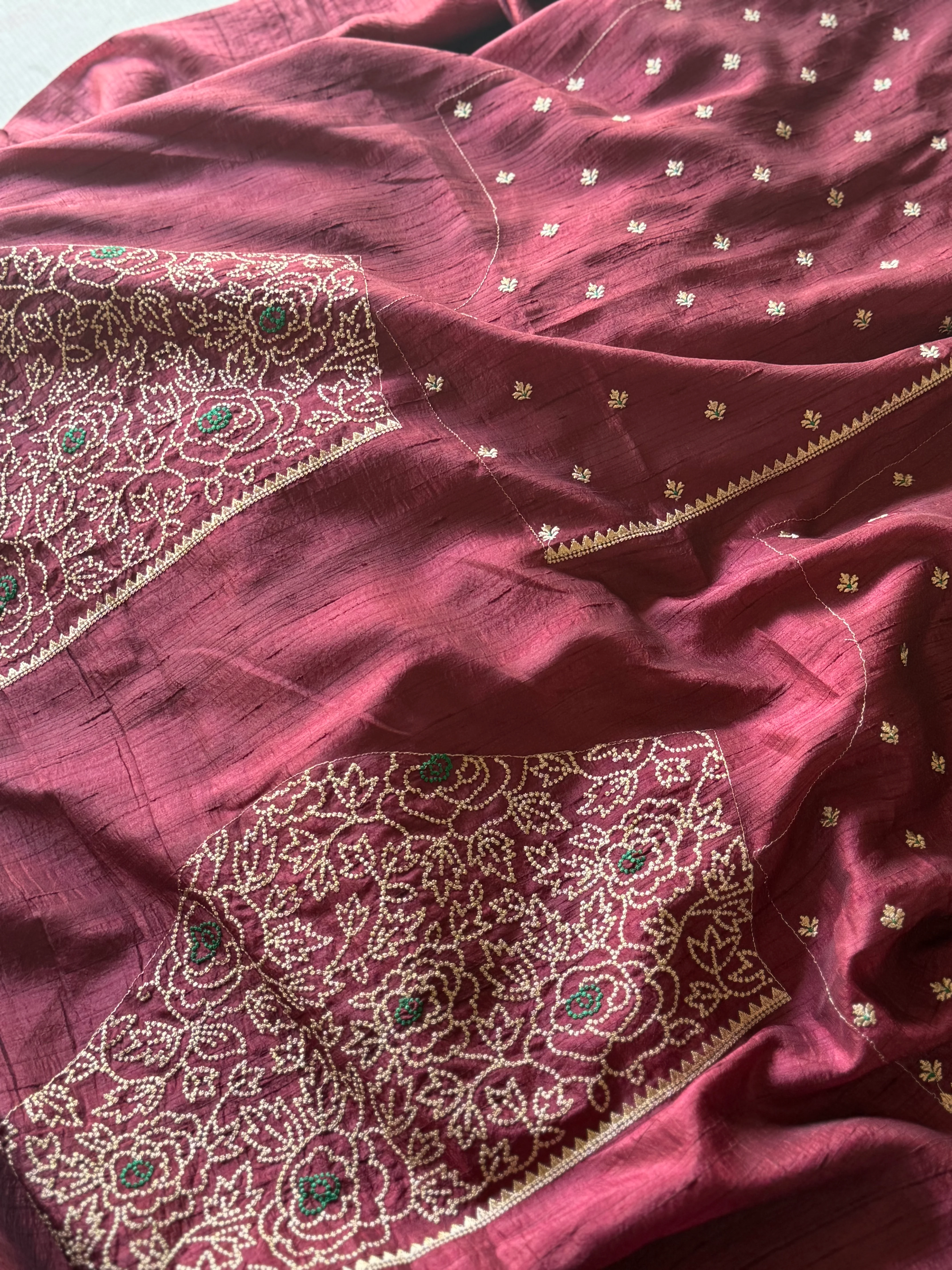 Handwoven Jute Tussar Silk Saree with All-Over Embellishments & Embroidered Blouse - Image 4