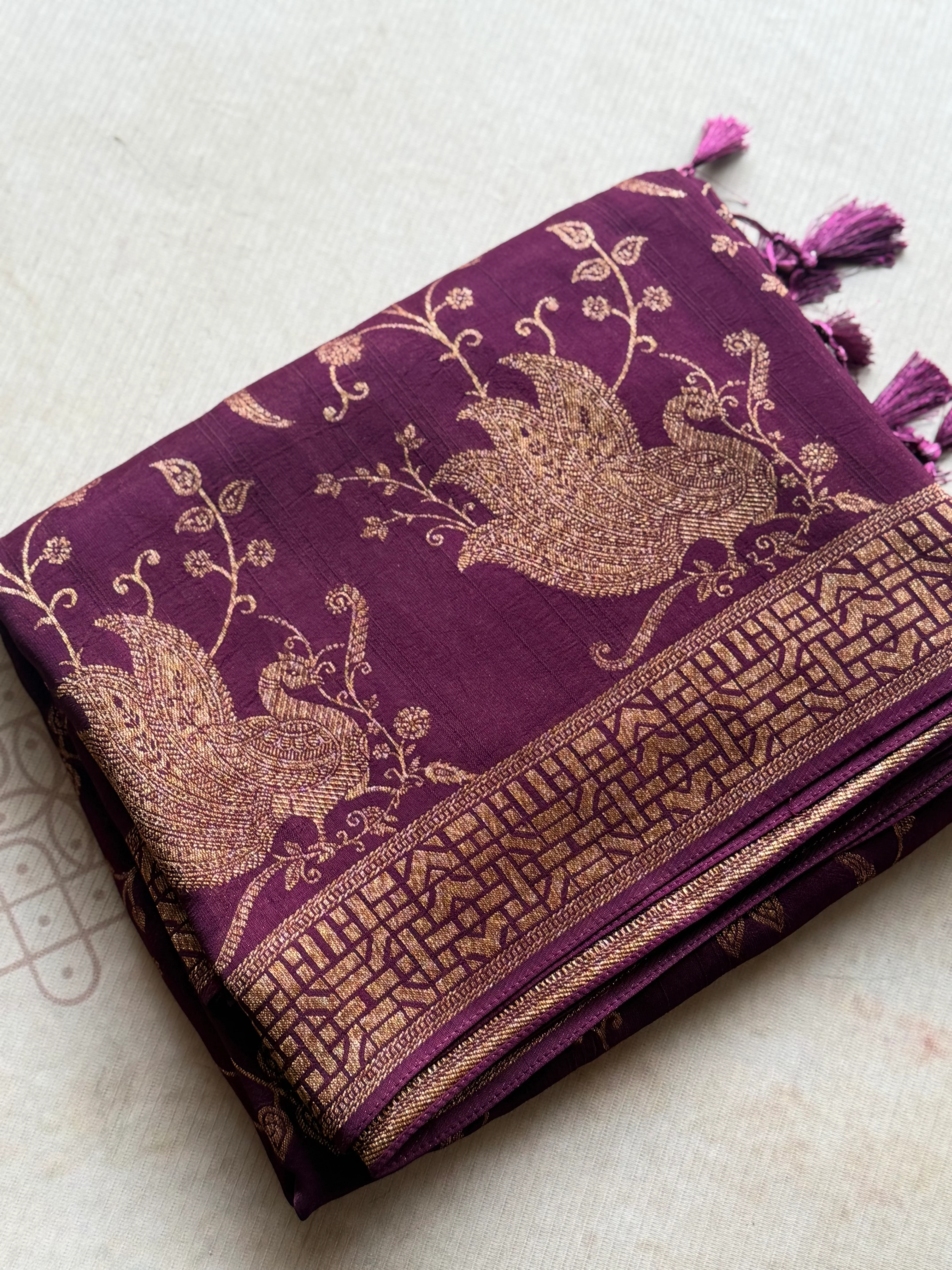 Crepe Silk Saree with Zari Buttas & Ornate Gold Border
