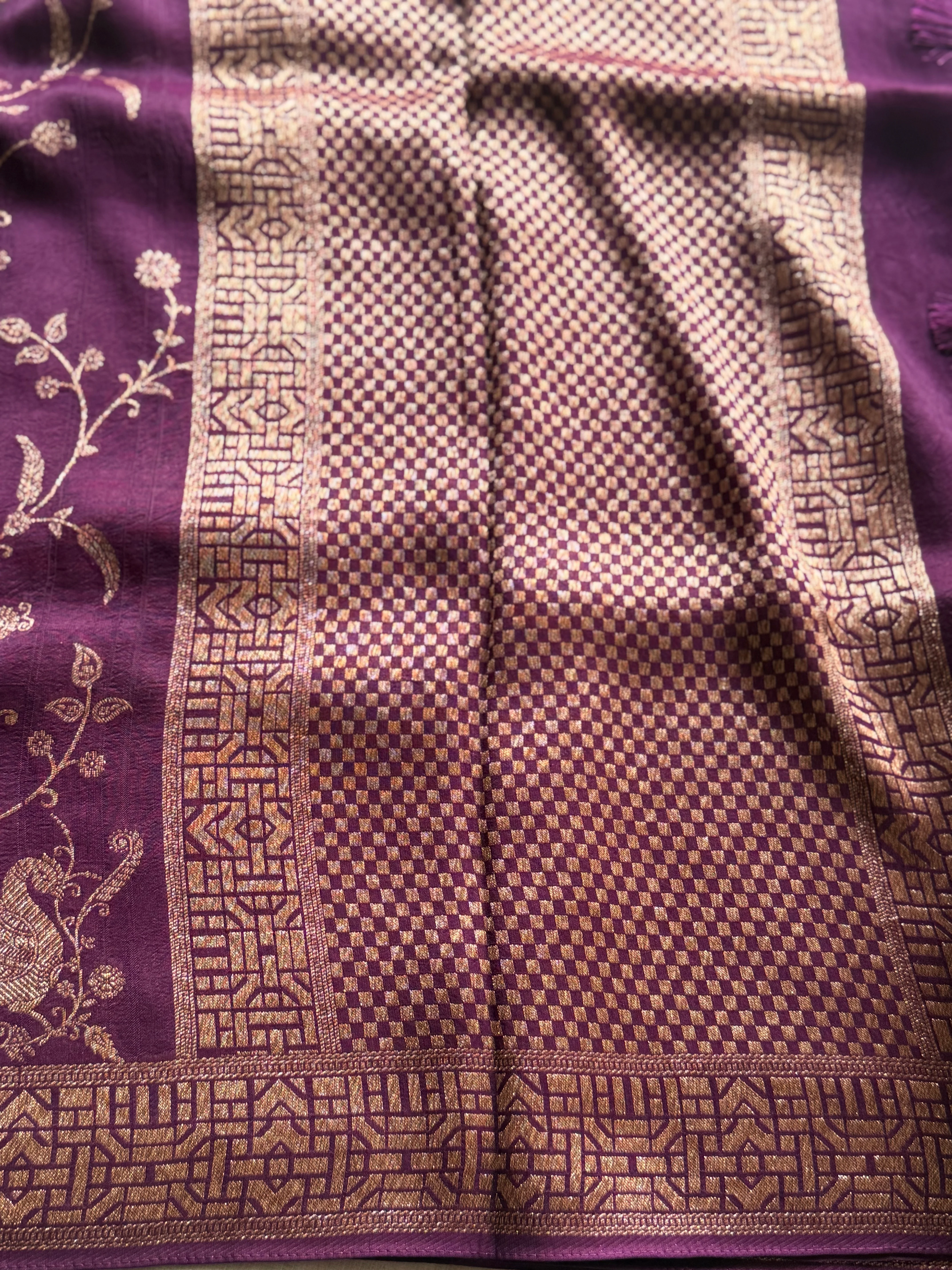 Crepe Silk Saree with Zari Buttas & Ornate Gold Border - Image 3