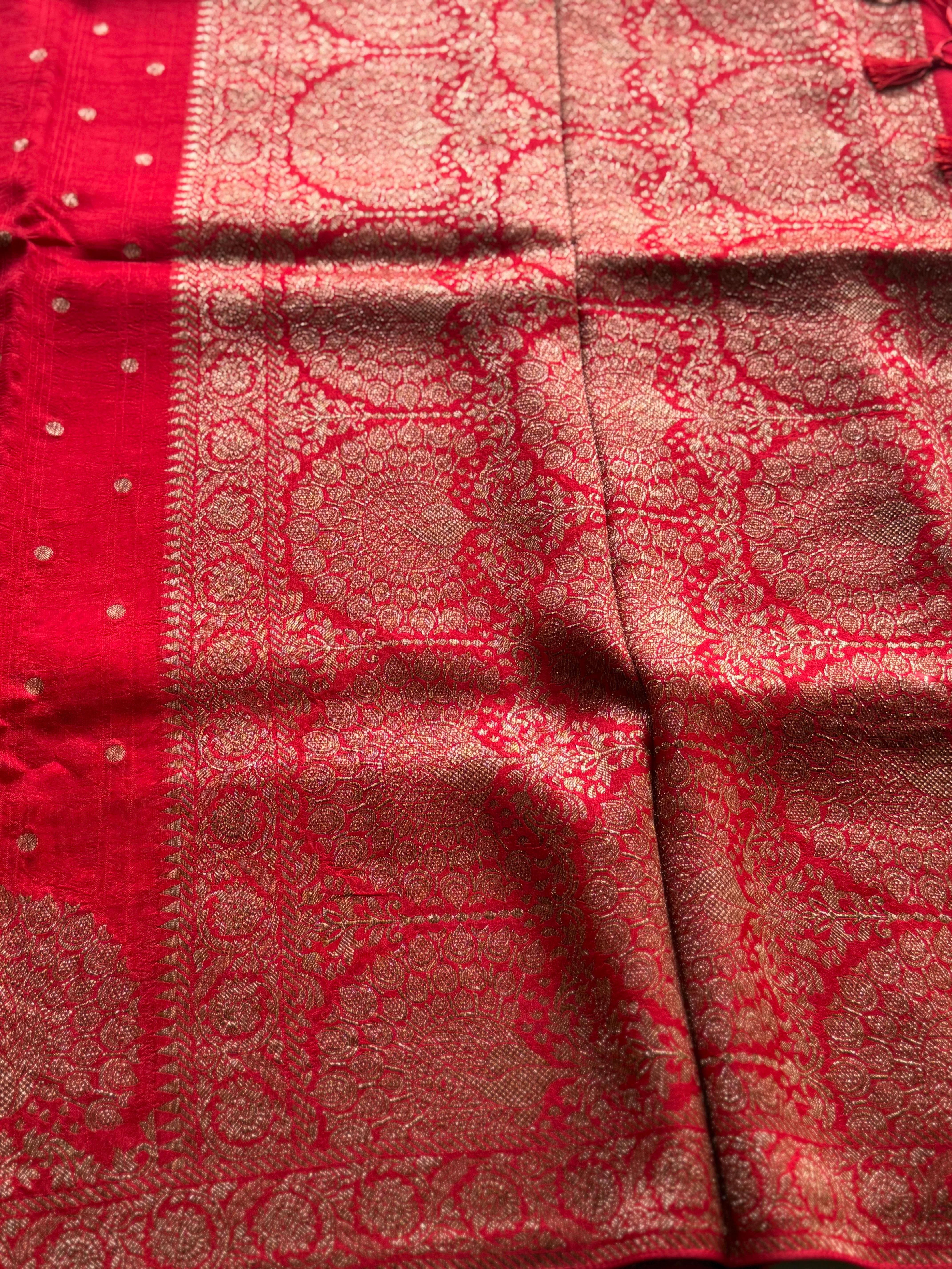 Pratya - Exquisite Red Crepe Silk Saree with Zari Buttas & Grand Peacock Pallu - Image 3