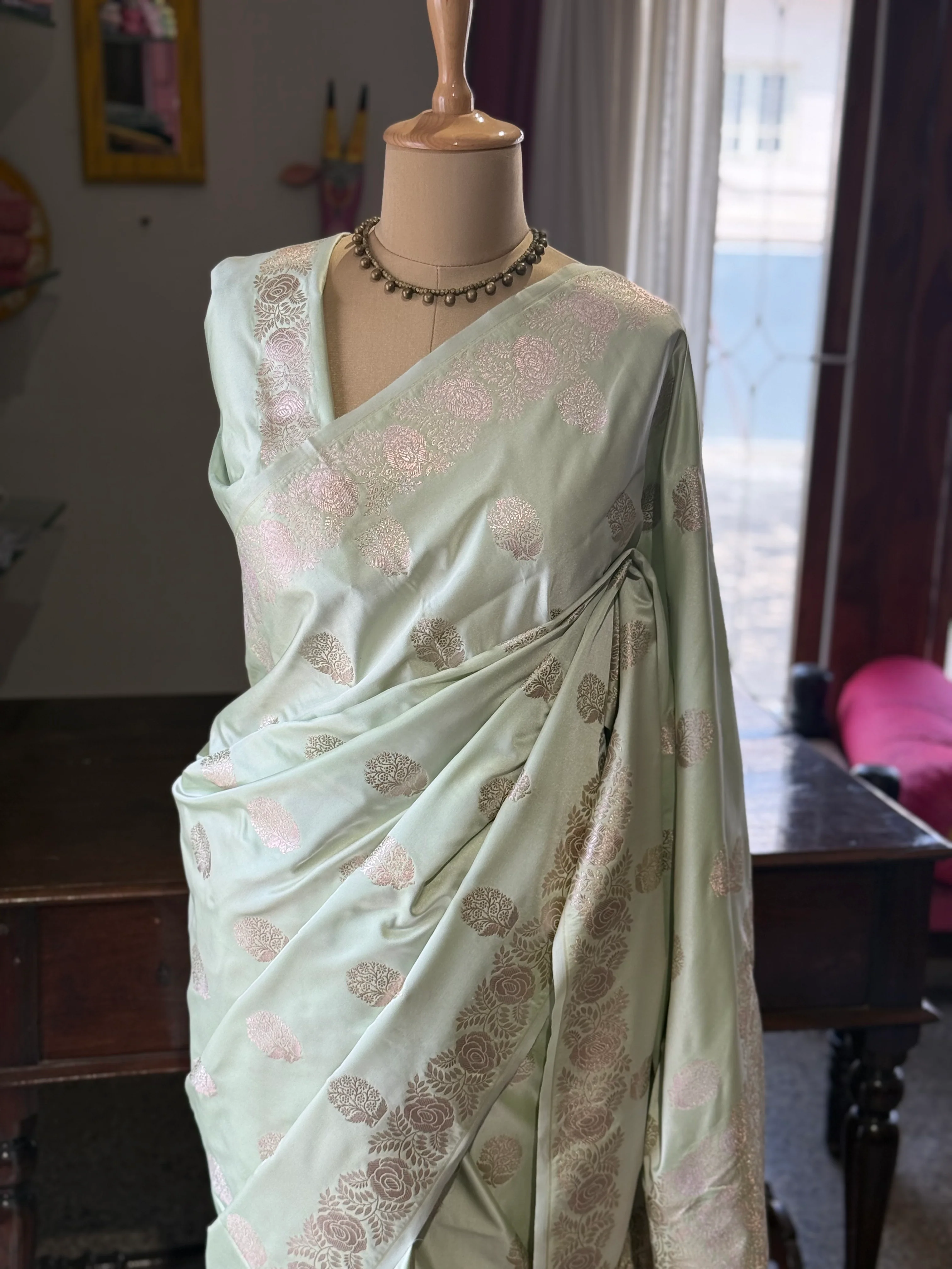 Pure Banarasi Katan Silk Saree – Mint Green - Image 3