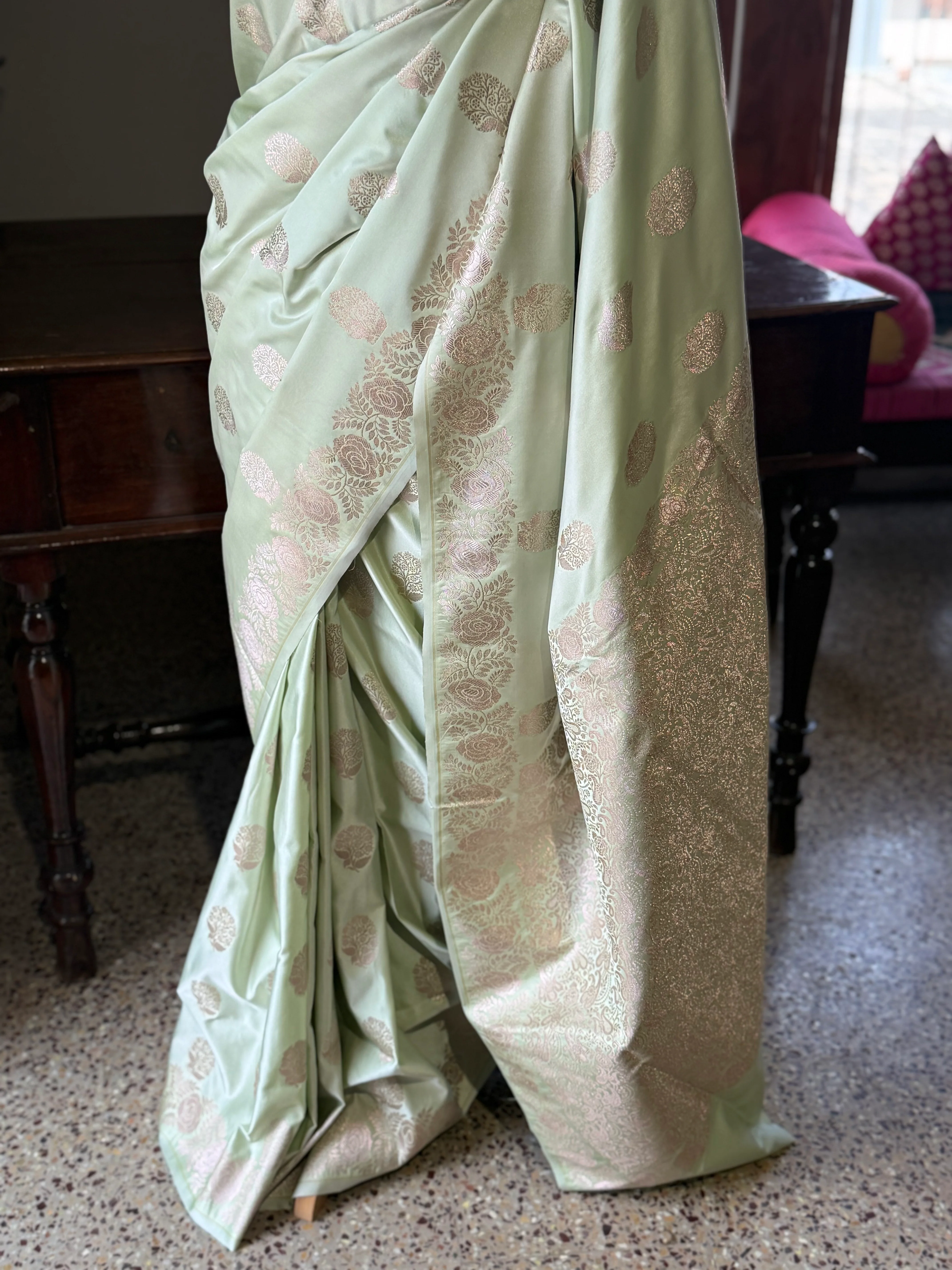 Pure Banarasi Katan Silk Saree – Mint Green - Image 5