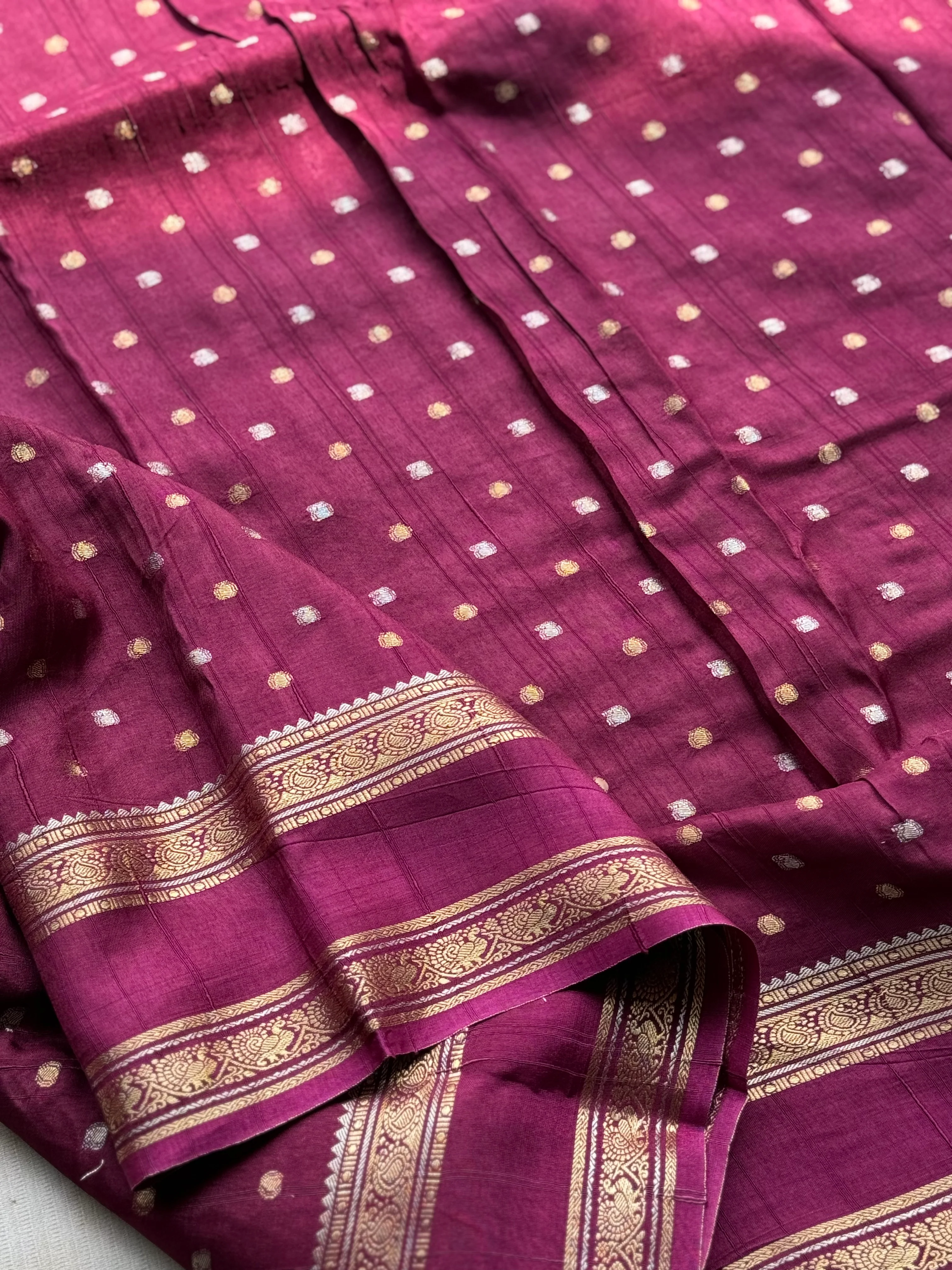 Burgundy Mysore Crepe Silk Saree with All-Over Butta & Bentex Border - Image 2