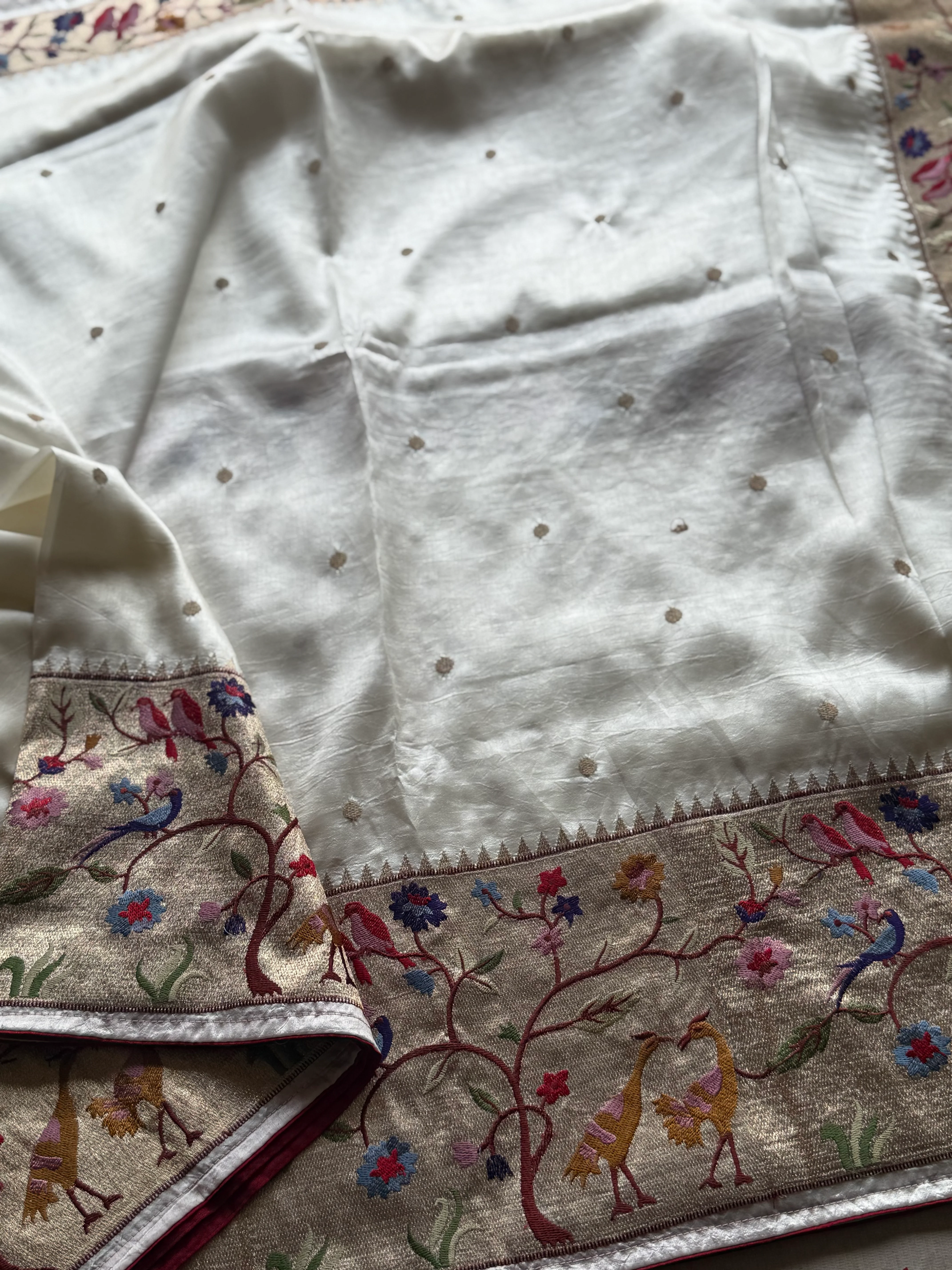 Sashtika - White Chiniya Silk Saree with Paithani Bird & Floral Border - Image 3
