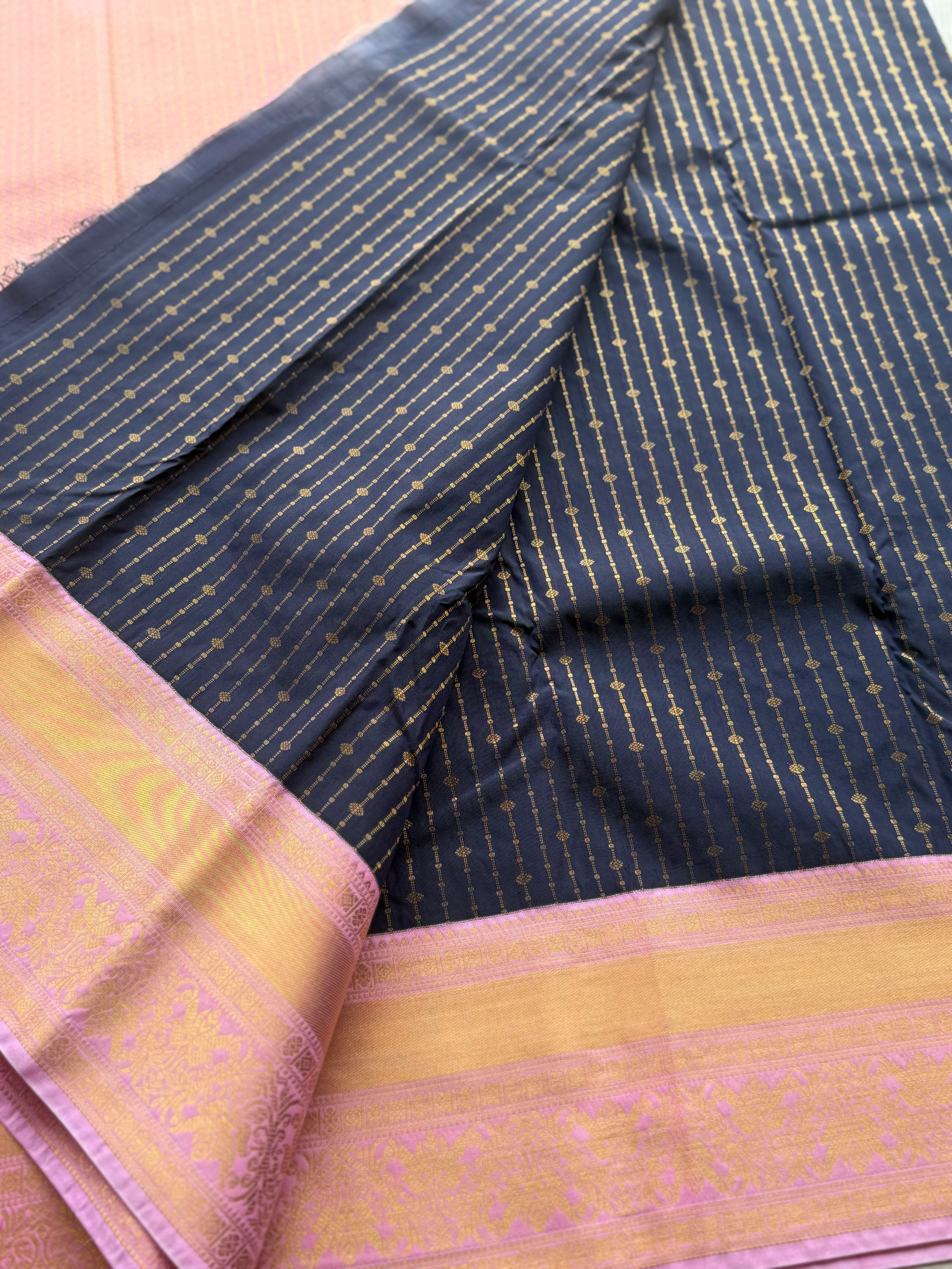 Semi Kanchi Silk Saree with Vertical Zari Lines & Pink Gold Border - Image 3