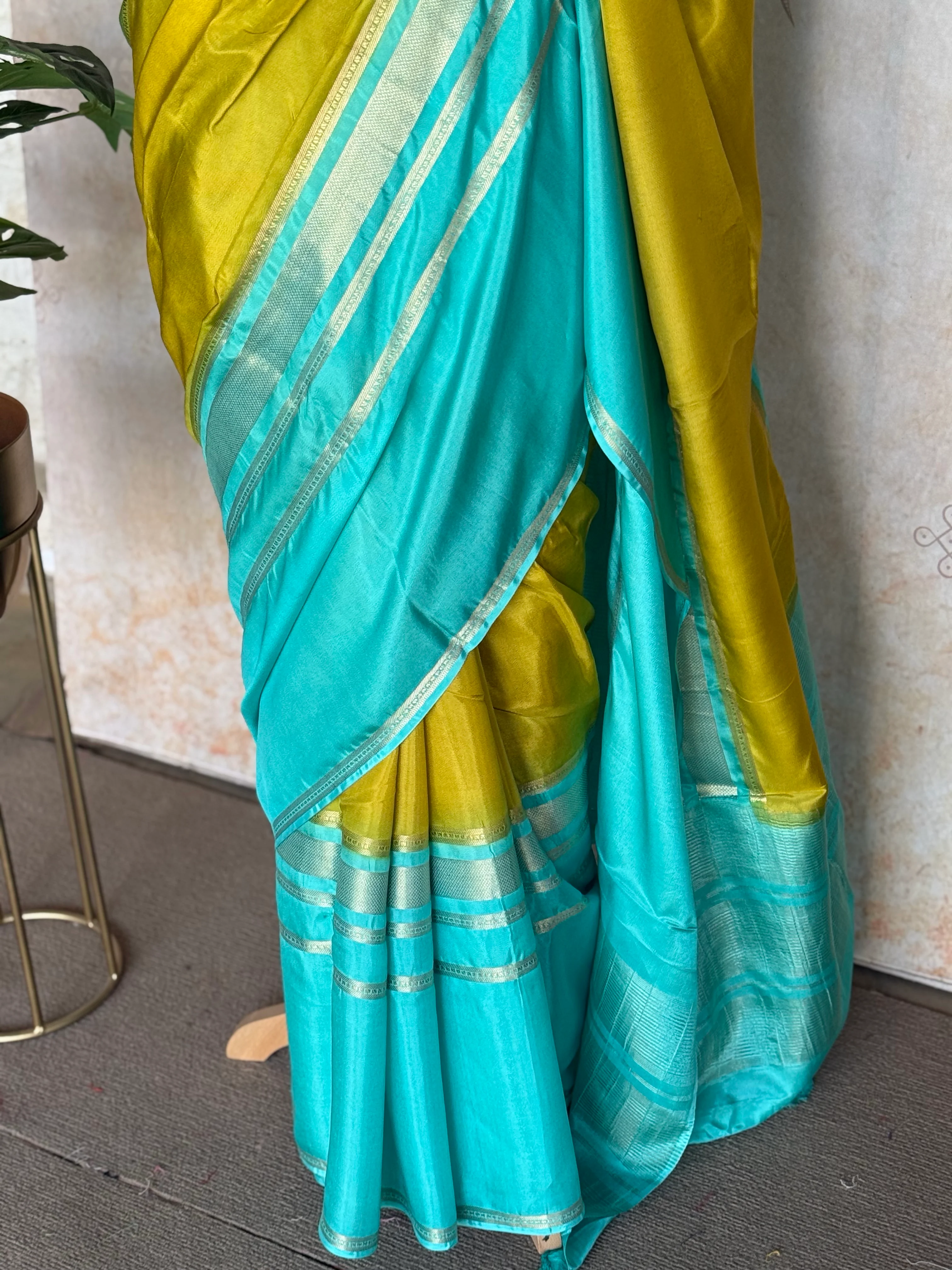 Semi Mysore Crepe Silk Mubbagam Saree – Turquoise & Chartreuse with Raja Rani Blouse - Image 3