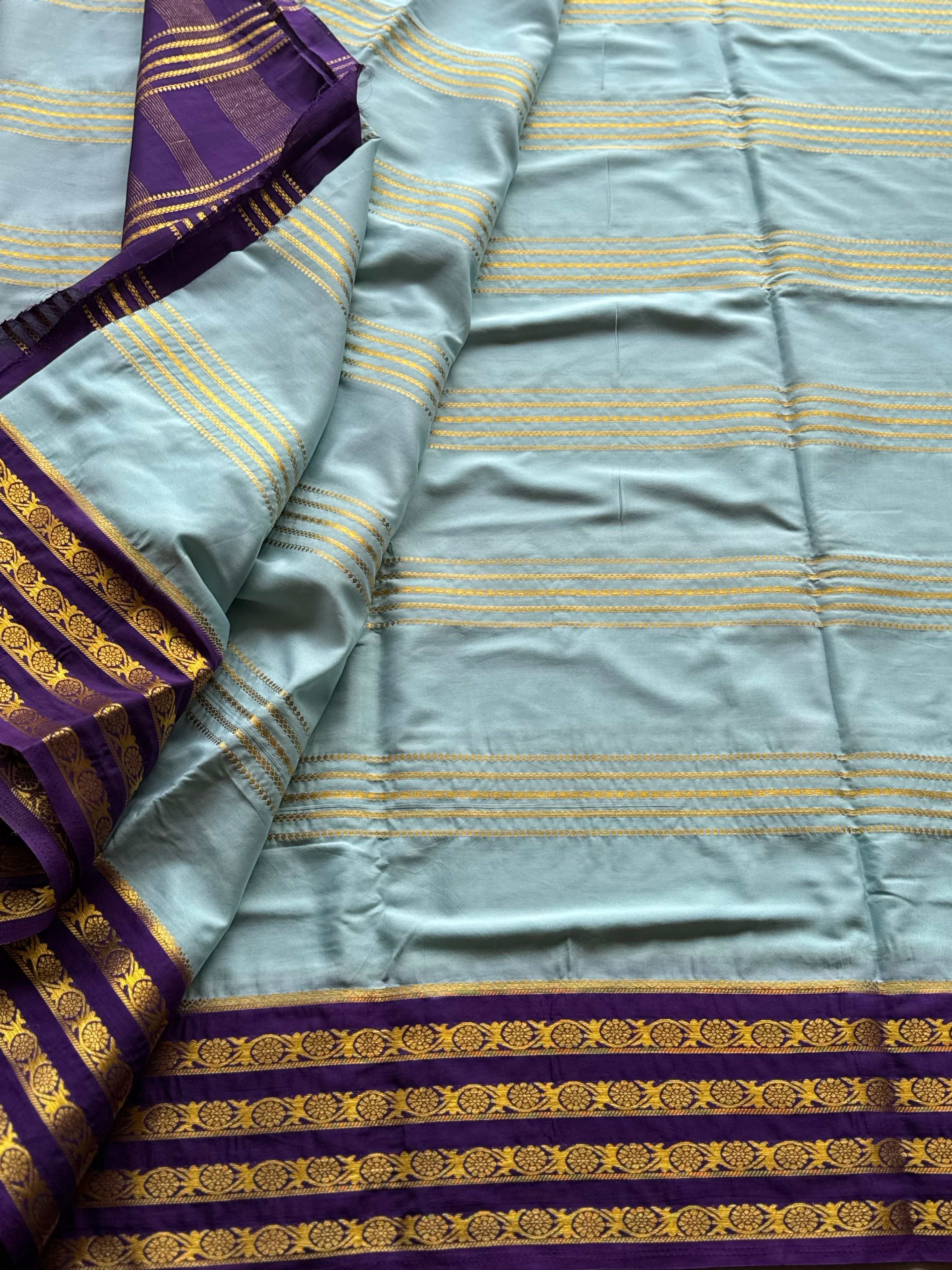 Semi Mysore Crepe Silk Saree with Gold Zari Lines & Contrast Purple Border - Image 2